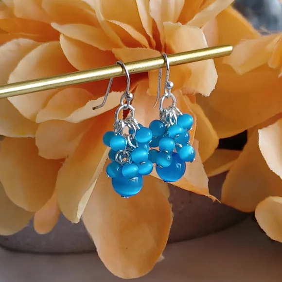 Powder Blue Beaded Cluster Earrings - Picture 4 of 6